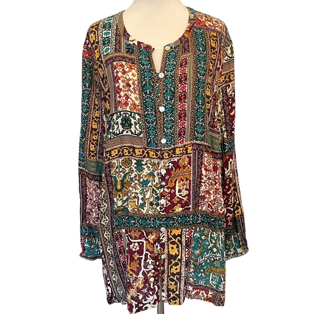 J. Jill Mixed Baroque Patchwork Button Front Top Womens Large Petite Blouse